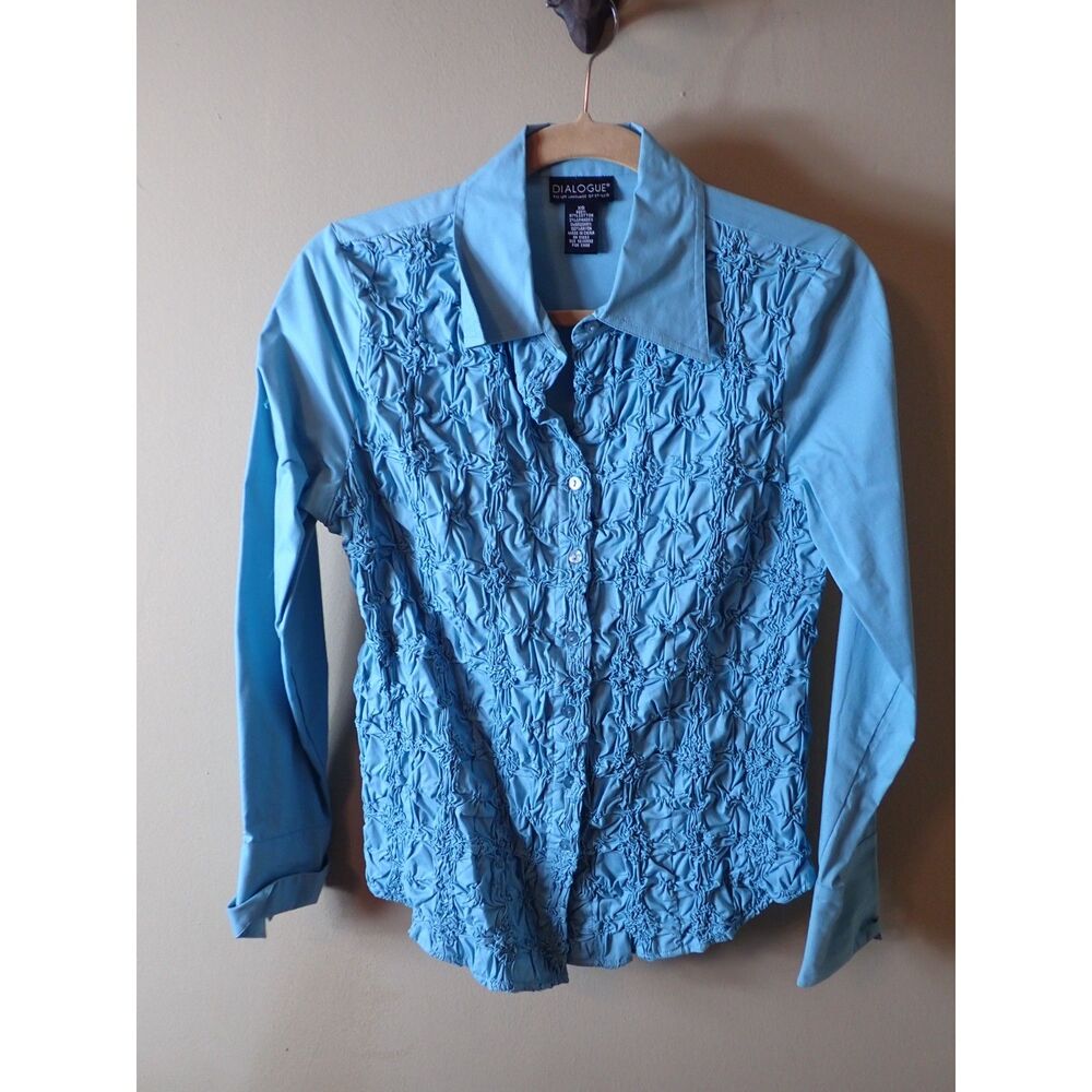 Dialogue Long Sleeve Crinkle Stretchy Shirt Size Small Teal Blue Top Y2K